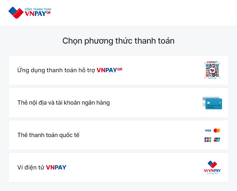 Các phương thức thanh toán qua VNPAY